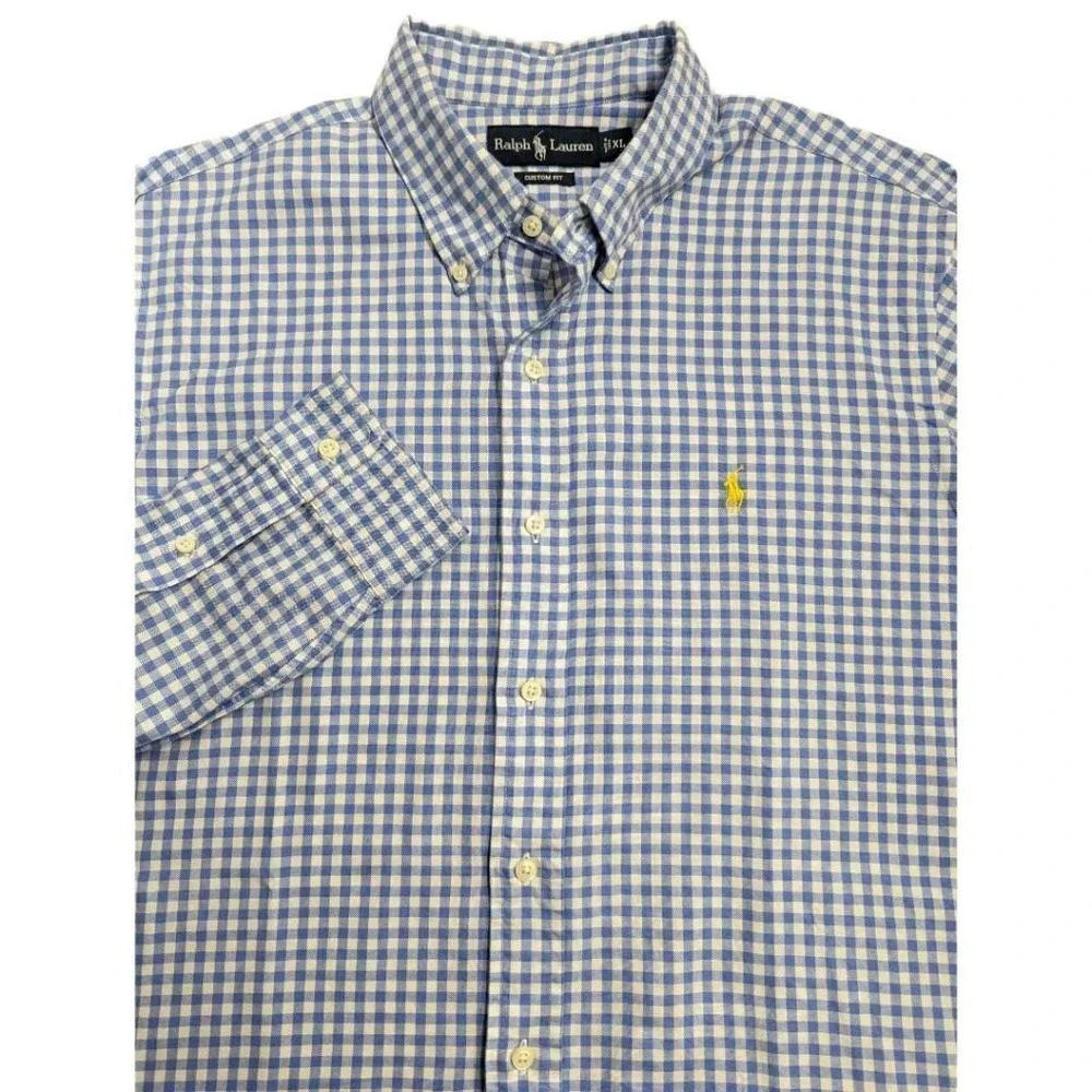 Polo Ralph Lauren Oxford Blue Gingham Custom Fit Men Button Down Shirt Sz XL EUC
